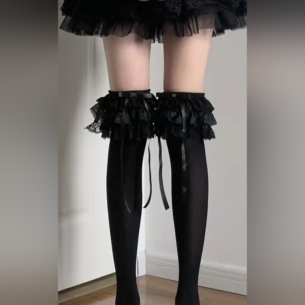 Black Ruffled Lolita Style Over The Knee Stockings